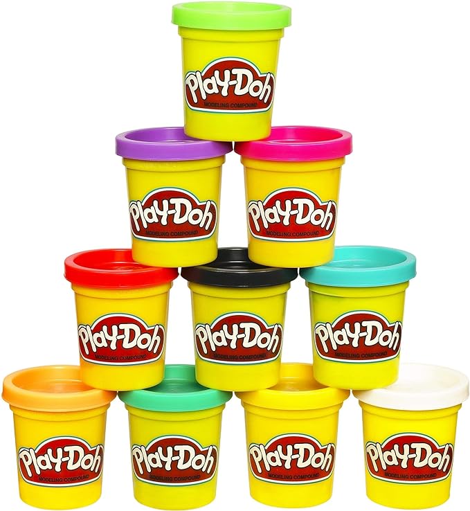 an image of a multicolored pyramid of playdoh containers